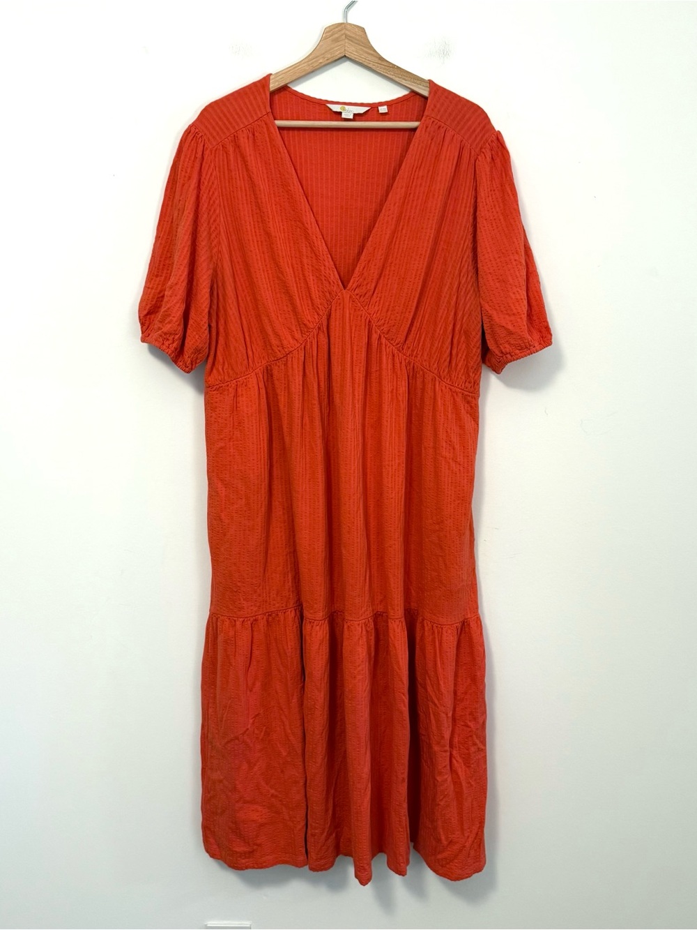Boden Tiered Midi Dress Orange Textured Cotton V Neck Puff Sleeve 14